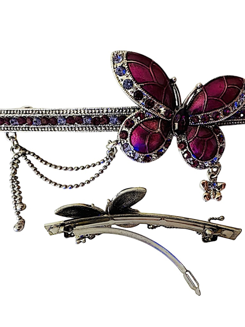 Vintage-style French Barrette Hair Clip 4” Purple Enamel Stones Butterfly Motif